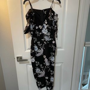 Misguided. Black side slit dress with bird and flower design. Off shoulder